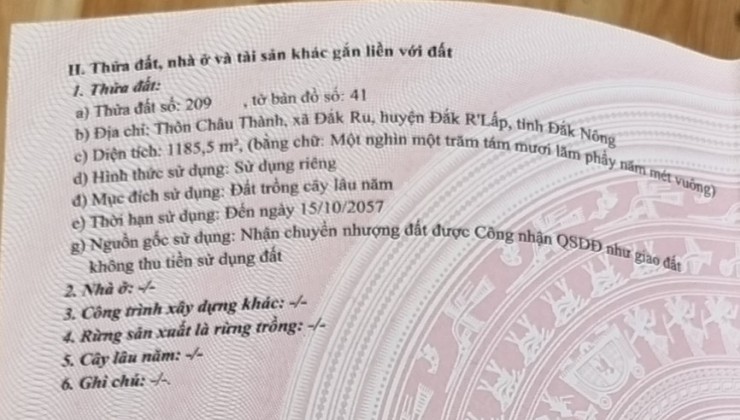 Cần bán nhanh lô đất thôn Châu Thành , Xã Đắk Rũ, Huyện Đắk RLấp, Tỉnh Đắk Nông.