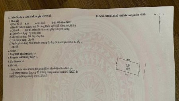 Chính chủ cần bán 80m2 đất nở hậu tại địa chỉ: Khu TĐC phía Bắc sông Thiếp, xã Uy nỗ , Đông Anh