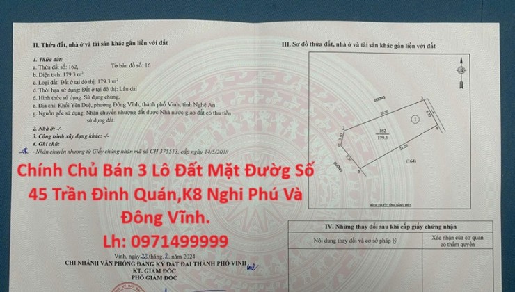 Chính Chủ Bán 3 Lô Đất Mặt Đườg Số 45 Trần Đình Quán,K8 Nghi Phú Và Đông Vĩnh.