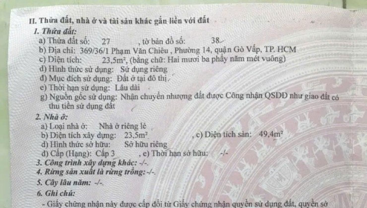 Chính Chủ cần bán nhanh căn nhà vị trí đẹp tại quận Gò Vấp, TPHCM