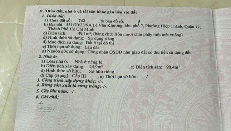 Bán Nhà trệt lầu (4.5x12) HXH Hiệp Thành 7, P.Hiệp Thành, Q12 - Giá chỉ bằng lô đất