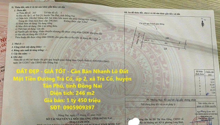 ĐẤT ĐẸP - GIÁ TỐT - Cần Bán Nhanh Lô Đất Mặt Tiền Đường Trà Cổ, Huyện Tân Phú, Đồng Nai