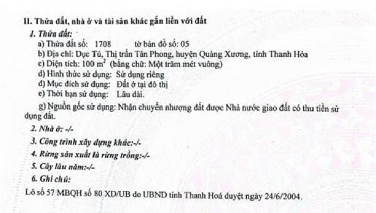 ĐẤT ĐẸP - ĐẦU TƯ SINH LỜI - Chính Chủ Cần Bán Nhanh Lô Đất MB 80 TT Tân Phong, Quảng Xương, Thanh Hóa