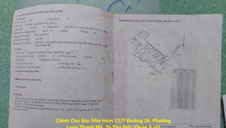 Chính Chủ Bán Nhà Hẻm 13/7 Đường 28, Phường Long Thạnh Mỹ, Tp.Thủ Đức (Quận 9 cũ)