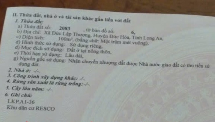 ĐẦU TƯ SINH LỜI - Chính Chủ Cần Bán Nhanh Lô Đất Đẹp Xã Đức Lập Thượng, Đức Hòa, Long An