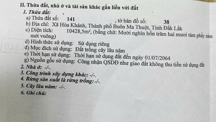 CHÍNH CHỦ Cần Bán Gấp 1Ha Đất Nông Nghiệp Tại Xã Hòa Khánh, TP. Buôn Ma Thuột, Đắk Lắk