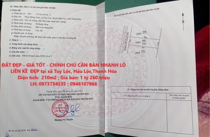 ĐẤT ĐẸP – GIÁ TỐT - CHÍNH CHỦ CẦN BÁN NHANH LÔ LIỀN KỀ  ĐẸP tại xã Tuy Lộc, Hậu Lộc,Thanh Hóa