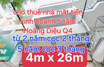 NHÀ THUÊ NGUYÊN CĂN  MẶT TIỀN KINH DOANH TỰ DO 
 NGANG 4 X 26 
ĐÚC 5 TẤM - 45 TRIỆU THÁNG HOÀNG DIỆU Q4