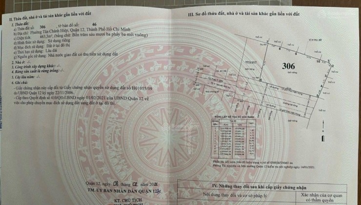 Bán lô đất ở 100% DT 26,70 x16.70m tổng 463 m2 đất ở hẻm trước nhà 11 m giá 20.5 tỷ