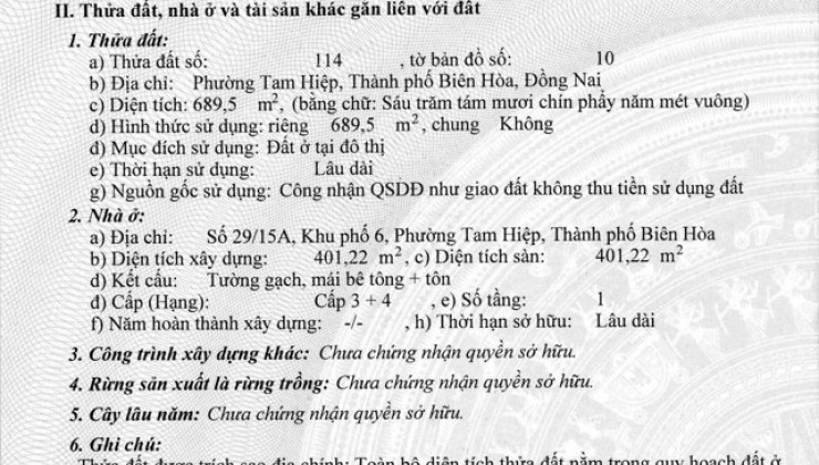 SỞ HỮU ĐẤT ĐẸP 689,5 m2 chính chủtại Phường Tam Hiệp - Thành Phố Biên Hòa - Tỉnh Đồng Nai