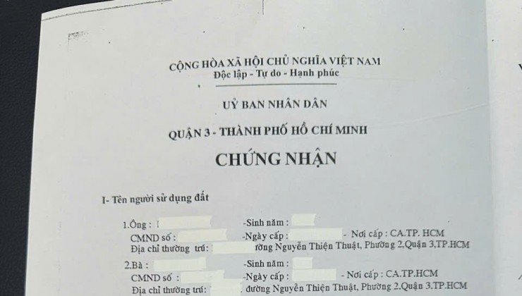 Bán nhà chính chủ tại trung tâm Quận 3 tại Đường Nguyễn Thiện Thuật, Phường 2, Quận 3, Tp Hồ Chí Minh, Giá là 11 tỷ