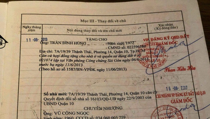 Chính Chủ Bán Nhà Hẻm Xe Hơi Khu Cư Xá Nguyễn Tri Phương tại Đường Thành Thái, Phường 14, Quận 10, Tp Hồ Chí Minh, Giá là 11.5 tỷ