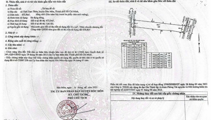 Bán đất Ful thổ cư 2 mặt tiền Thới Tam Thôn 9, Hóc Môn, 673m2, ngang 9,5m.