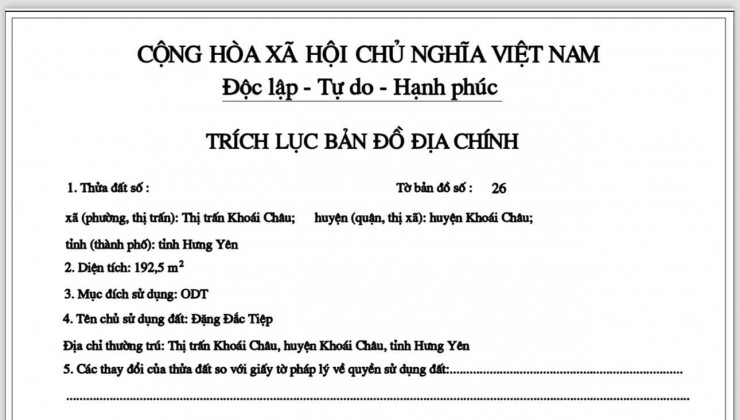 Ở đô thị, full thổ cư, ô tô vào, 192m, thị trấn Khoái Châu, nhỉnh 1.3 tỷ. 0971320468