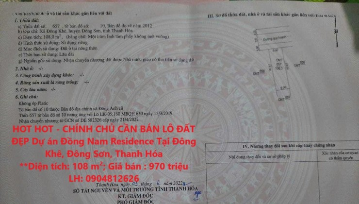 HOT HOT - CHÍNH CHỦ CẦN BÁN LÔ ĐẤT ĐẸP Dự án Đồng Nam Residence Tại Đông Khê, Đông Sơn, Thanh Hóa