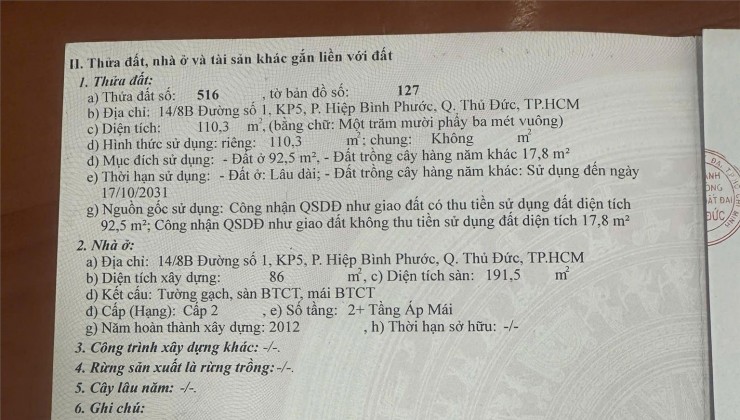 Chính Chủ Cần Bán căn nhà tại Hẻm 14/8B, Đường Số 1, Phường Hiệp Bình Phước, Thủ Đức, HCM