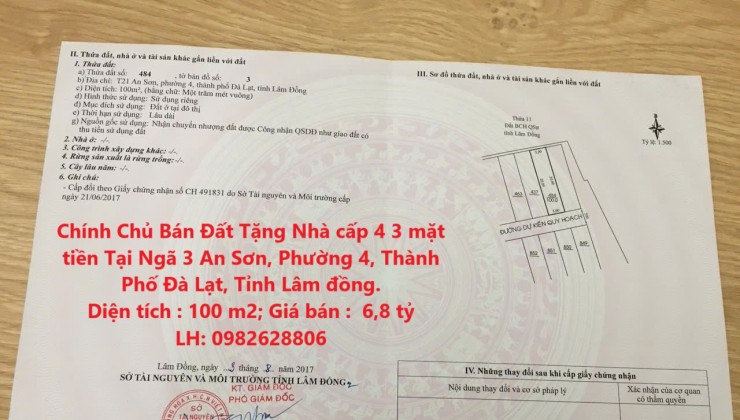 Chính Chủ Bán Đất Tặng Nhà cấp 4 3 mặt tiền Tại Phường 4, TP Đà Lạt, Tỉnh Lâm Đồng.