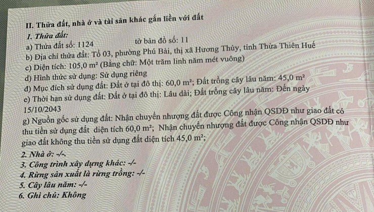 CHÍNH CHỦ CẦN BÁN GẤP LÔ ĐẤT vị trí Tại thị xã Hương Thủy, tỉnh Thừa Thiên Huế