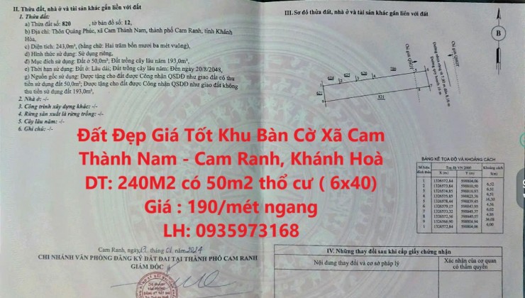 Đất Đẹp Giá Tốt Khu Bàn Cờ Xã Cam Thành Nam - Cam Ranh, Khánh Hoà