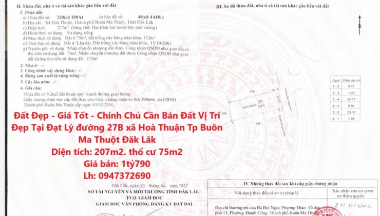 Đất Đẹp - Giá Tốt - Chính Chủ Cần Bán Đất Vị Trí Đẹp Tại Đạt Lý đường 27B xã Hoà Thuận Tp Buôn Ma Thuột Đăk Lăk