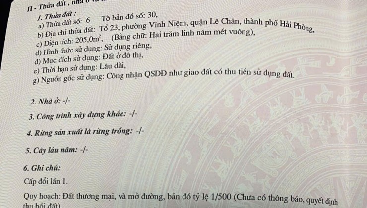 Bán đất Khúc Thừa Dụ - VĨnh Niệm, 205m, Ngang 12.5m, GIÁ 37 tr/m cực đẹp