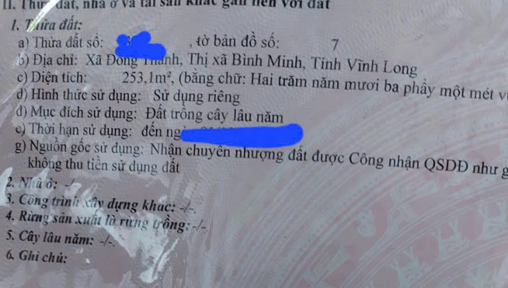 %% CẦN BÁN LÔ ĐẤT FULL THỔ CƯ Ở  XÃ ĐÔNG THÀNH  - THỊ XÃ BÌNH MINH - VĨNH LONG.