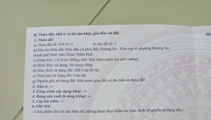 ĐẤT ĐẸP - Chính Chủ Cần Bán Lô Đất 2 Mặt Tiền, KV4, Phường Hương Sơ, TP HUẾ - THỪA THIÊN HUẾ