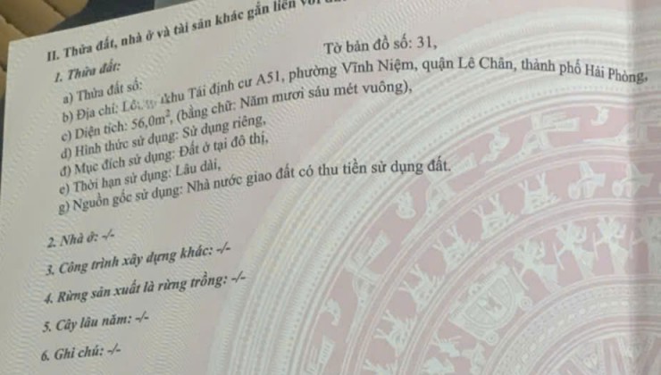 Bán 2 lô liền nhau Tái định cư A51 Hồ Sen - Vĩnh Niệm, giá 66 tr/m