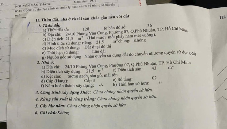 24/10 phùng văn cung phường 7 phú nhuận 4 tầng giá 4,95 tỉ cần hết nối ace mô giới