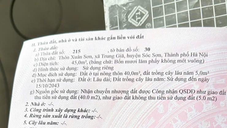 TÌM ĐÂU RA LO ĐẤT GIÁ  CHƯA ĐẾN TỶ DT 45 M TẠI TRUNG KIÊN TRUNG GIÃ SÓC SƠN HÀ NỘI  ĐƯỜNG THÔNG Ô TÔ VÀO