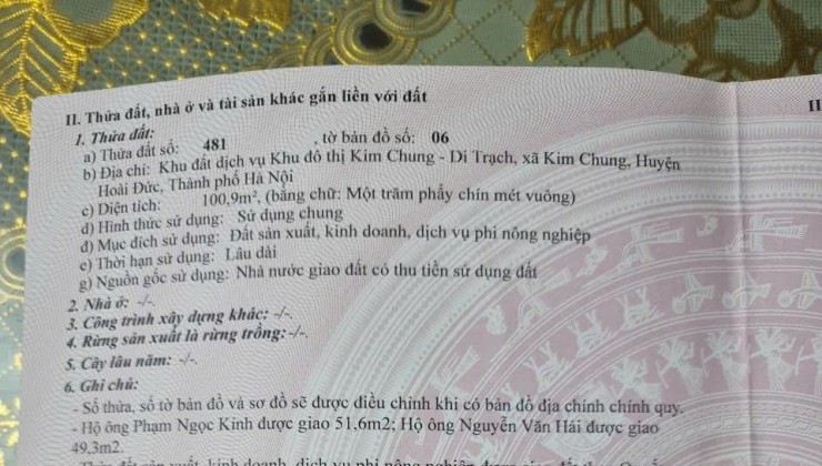 Chính Chủ Cần Bán Đất Dịch Vụ Thăng Long 9, Lai Xá, Kim Chung, Hoài Đức, Hà Nội