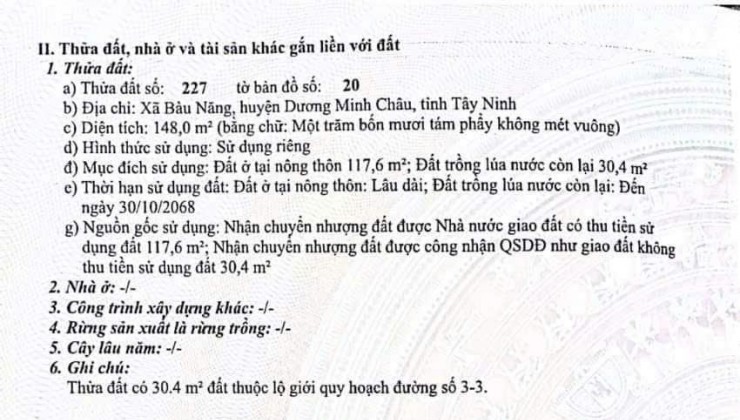 CHÍNH CHỦ Cần Bán Nhanh Lô Đất Tại Xã Bàu Năng, Dương Minh Châu, Tây Ninh