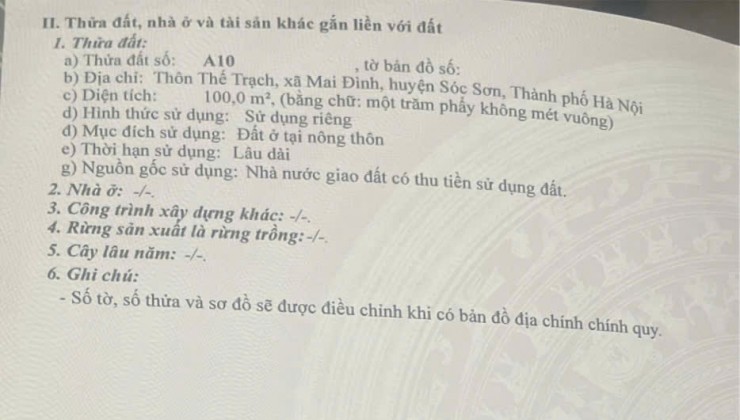 LÔ ĐẤT ĐÁNG ĐỂ RƠI TIỀN  DT 100 M TẠI THẾ TRẠCH MAI ĐÌNH HUYỆN SS HN