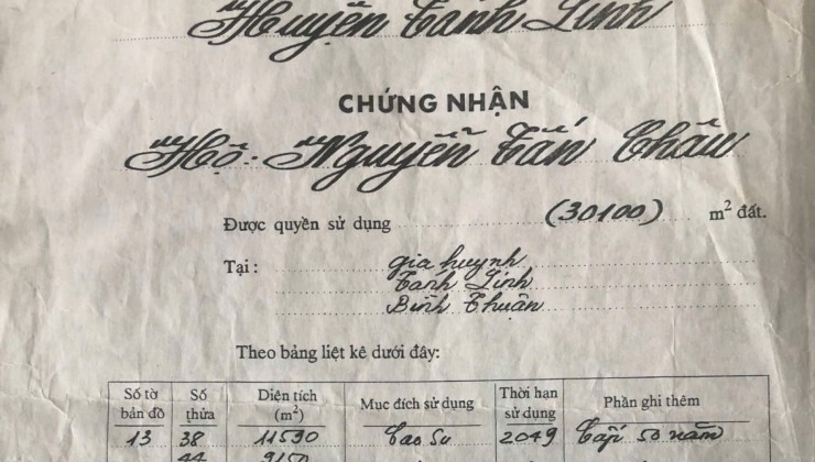 Bán Đất Thôn 1, Xã Gia Huynh, Huyện Tánh Linh, Tỉnh Bình Thuận, 56,000m2 Giá 88 Tỷ