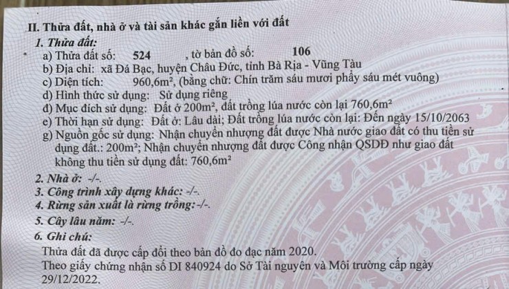 Chủ bán 960mv mặt tiền bình giá đá bạc châu đức bà rịa vũng tàu