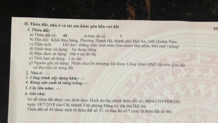 Chính chủ cần bán 2 lô đất liền kề tại Khối Bàu Súng, Phường Thanh Hà, Thành Phố Hội An, Tỉnh Quảng Nam