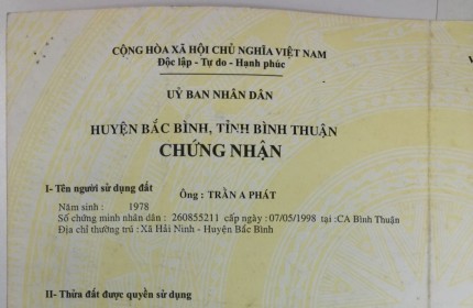 CHÍNH CHỦ CẦN BÁN NHANH LÔ ĐẤT TRUNG TÂM Tại thị trấn Lương Sơn, huyện Bắc Bình, tỉnh Bình Thuận.