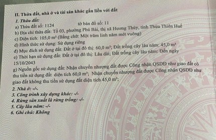 CHÍNH CHỦ CẦN BÁN GẤP LÔ ĐẤT vị trí Tại thị xã Hương Thủy, tỉnh Thừa Thiên Huế