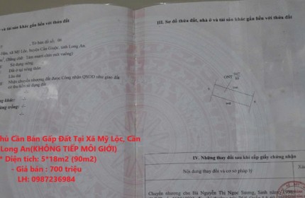 GẤP! Chính Chủ Cần Bán Gấp Đất Tại Xã Mỹ Lộc, Cần Giuộc, Long An(KHÔNG TIẾP MÔI GIỚI)