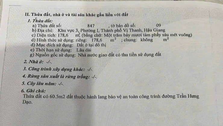 BÀ CHỊ CẦN GẤP BÁN NHÀ ĐƯỜNG TRẦN HƯNG ĐẠO NGAY TRUNG TÂM PHƯỜNG 1, TP VỊ THANH, HẬU GIANG