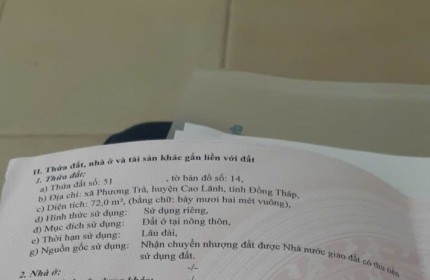 Do Không Có Nhu Cầu Sử Dụng, Chính Chủ Bán Gấp Lô Đất Tại Xã Phương Trà, Huyện Cao Lãnh, Đồng Tháp