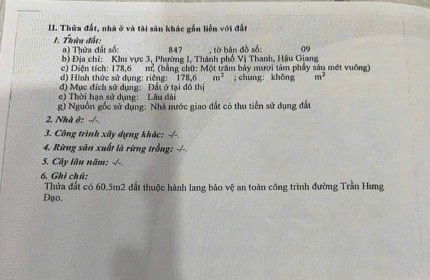 BÀ CHỊ CẦN GẤP BÁN NHÀ ĐƯỜNG TRẦN HƯNG ĐẠO NGAY TRUNG TÂM PHƯỜNG 1, TP VỊ THANH, HẬU GIANG