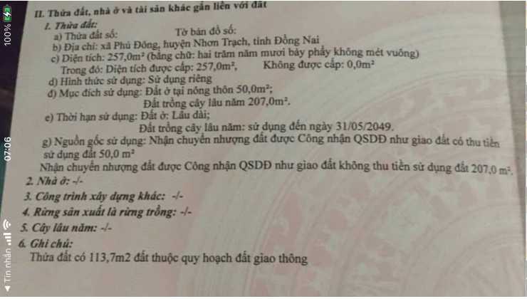 Bán đất Phú Đông, 257m², có sẵn 50m² thổ cư, đường ô tô né nhau, 1/ Hùng Vương – Giá 2,4 tỷ