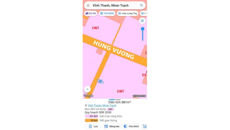 Bán đất Vĩnh Thanh, 261m², full thổ cư, 1/ Hùng Vương, đường ô tô tới đất – Giá 3,4 tỷ