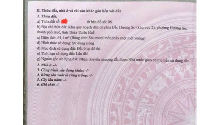 Chính chủ bán lô đất đẹp tại KQH Hương Sơ - Khu Vực 2 Phường Hương Sơ, Quận Phú Xuân, Tp. Huế