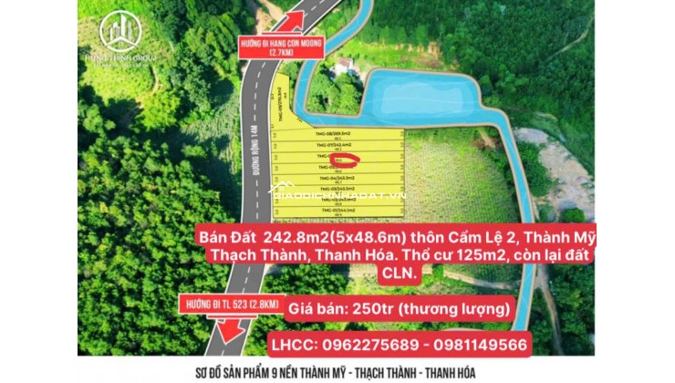 Bán Đất Chính Chủ 242.8m2 thôn Cẩm Lệ 2, xã Thành Mỹ, huyện Thạch Thành, tỉnh Thanh Hóa