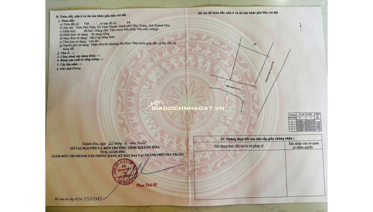 Bán lô góc tại xã Vĩnh Thạnh, Nha Trang . Giá : 2 tỷ 190 triệu