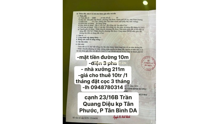 Cho thuê nhà xưởng 211m2 mặt tiền đường Trần Quang Diệu Dĩ An BD