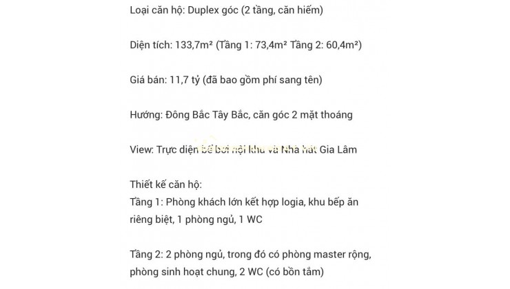 Chính chủ bán căn góc Duplex The Senique tầng đẹp view bể bơi và nhà hát Gia Lâm