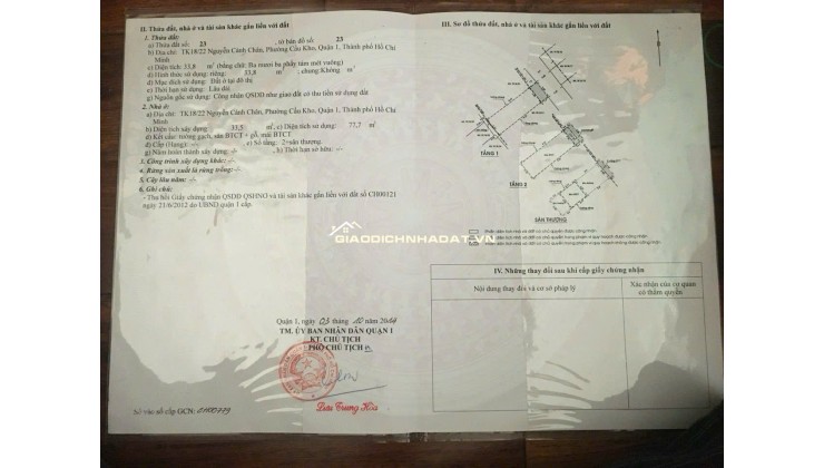 Bán nhà hoặc cho thuê nhà TK18/22 Nguyễn Cảnh Trân, Q1
